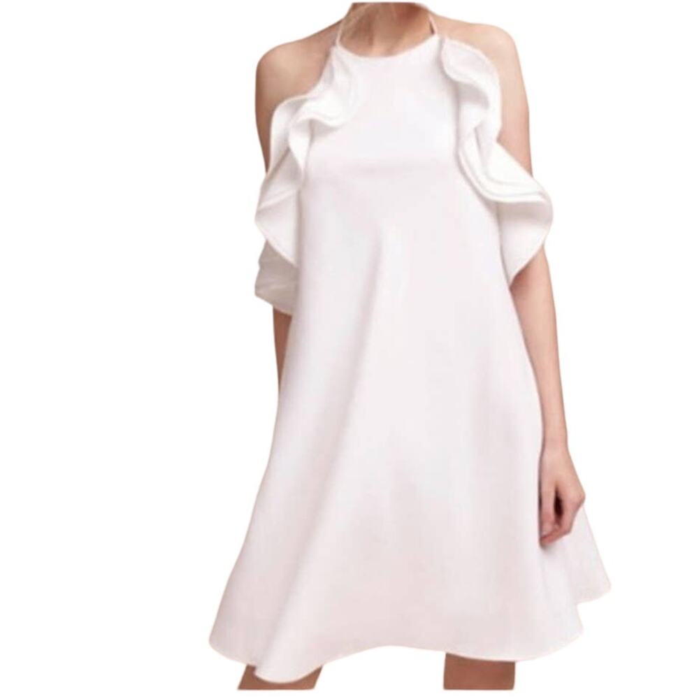 Badgley Mischka Kieran Sleeveless Ruffled Halter Dress in White Women's, Size 2